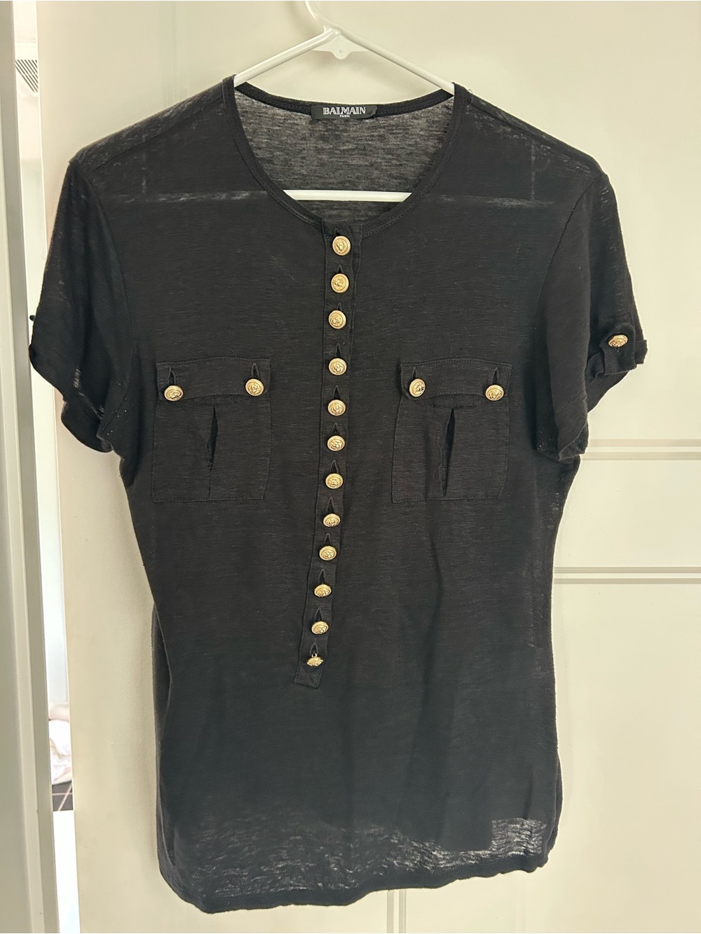 Balmain women’s Black Short Sleeve Button- size 38 (like small)